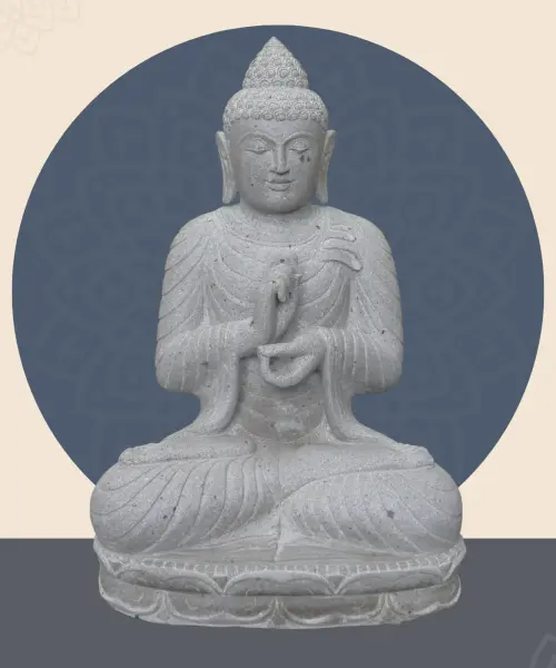 Product image 1 of the product “Seated Buddha made of Riverstone in Dharmachakra gesture of wheel of the teaching of the Dharma, H. 80cm. ”